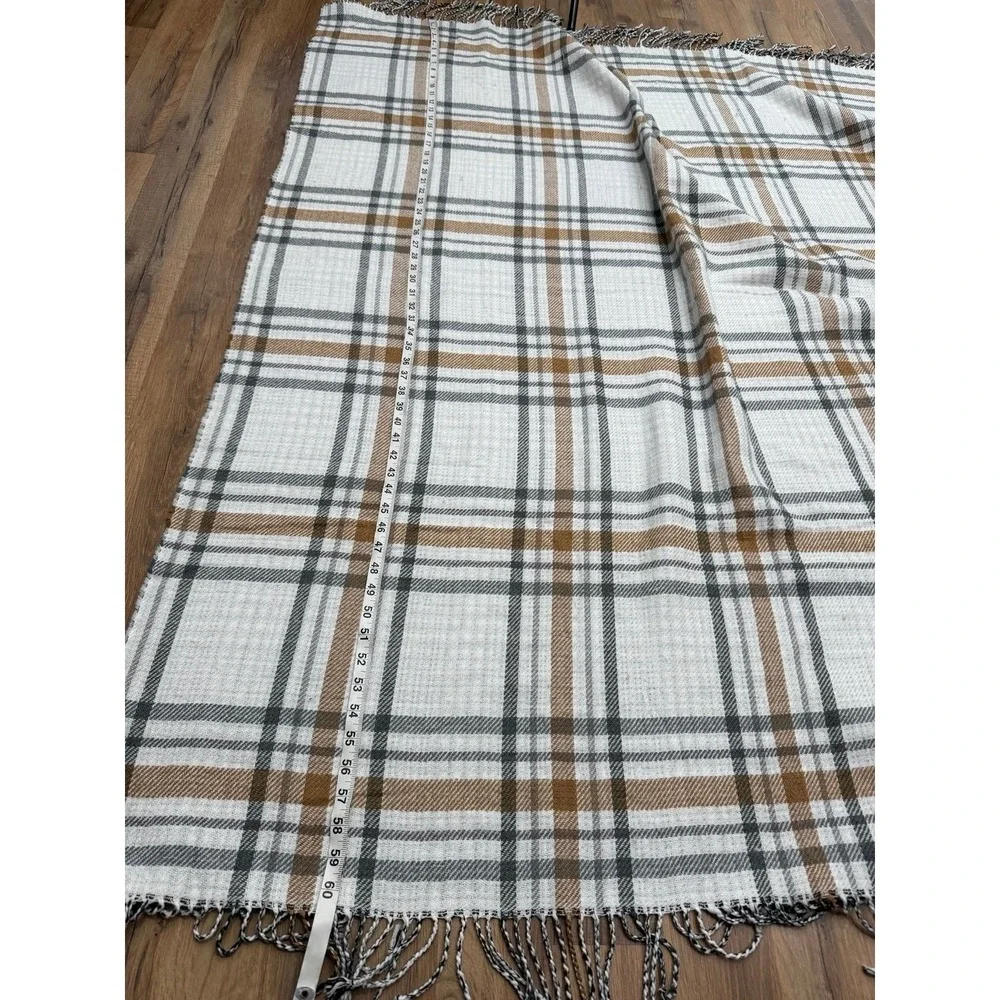 Pottery Barn Reversible Plaid Throw Blanket Fringe Black White Tan 50x60